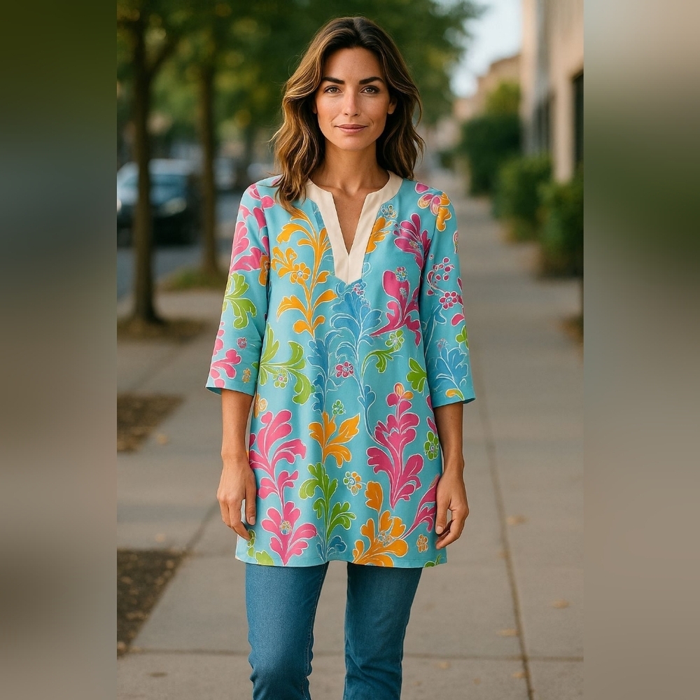 J. McLaughlin Sz Medium Floral Patterned Tunic Top - Multicolor Catalina Cloth